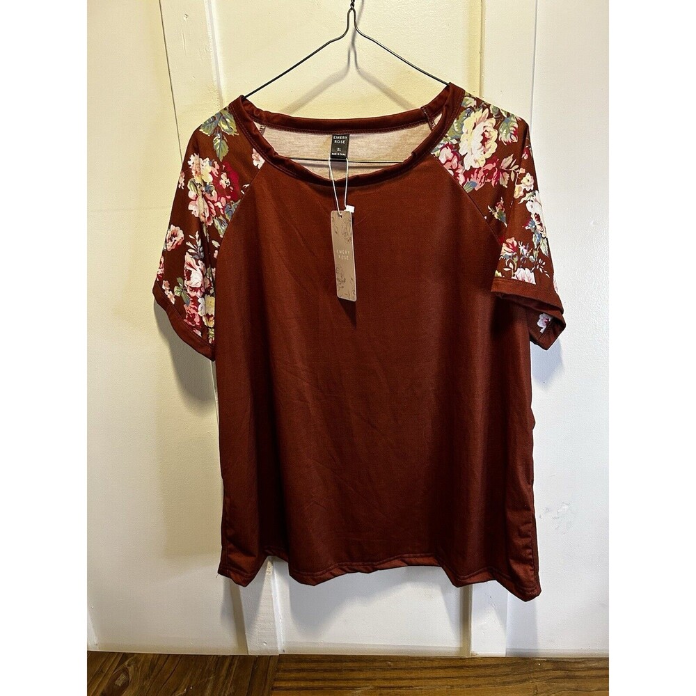 Emery Rose Floral Print Sleeve Raglan Blouse T Shirt Burgundy Top Brand New XL
